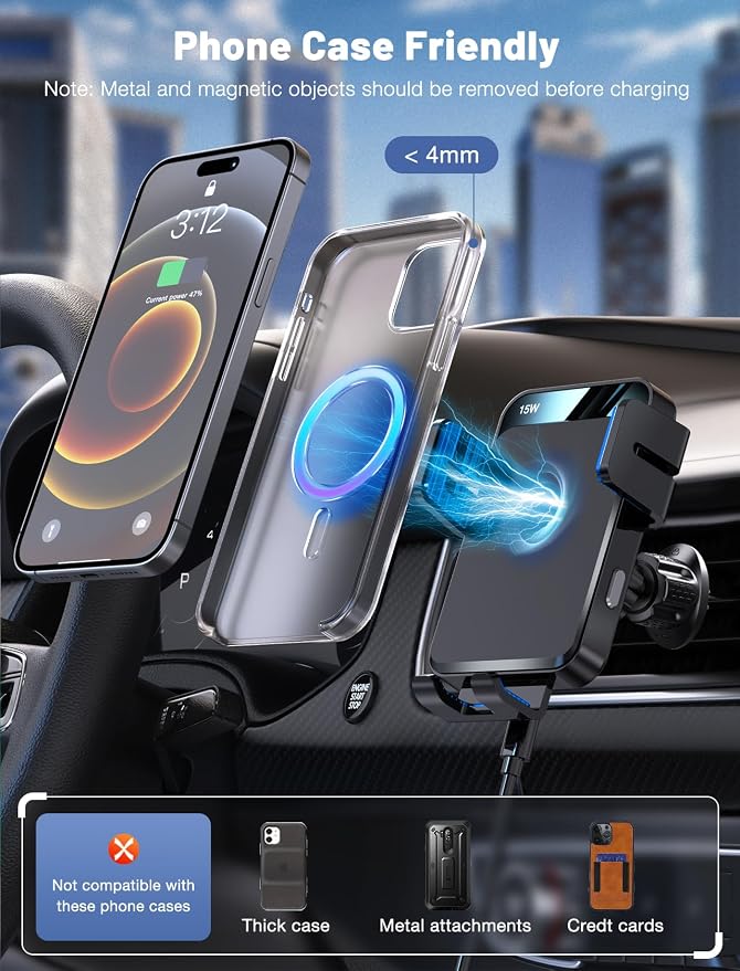 Wireless Car Charger, Auto-Clamping Car Mount 15W/10W/7.5W Fast Charging Air Vent Car Phone Mount Compatible with iPhone 16 15/14/13/13 Pro/12 Pro Max/12 pro/12/11/10/8 Series, Samsung Galaxy