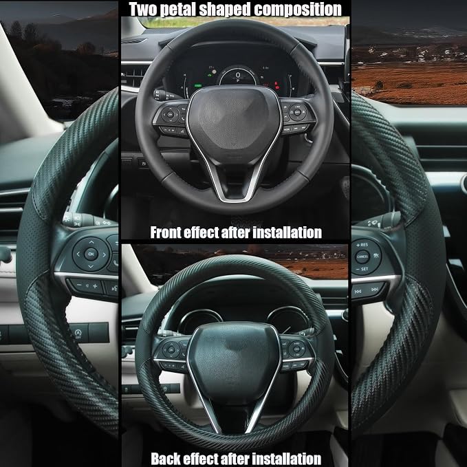 Steering Wheel Cover Universal Standard Size 14.5-15 inch, Breathable Microfiber Leather, Anti-Slip, Non-Folding Packaging, Fits Most Cars SUVs Trucks, Black with Carbon Fiber