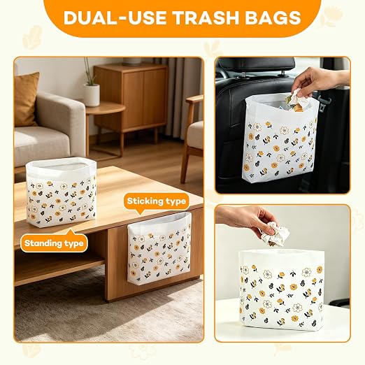 60 Pcs Car Garbage Bin Bags, Waterproof Seal Disposable Car Trash Bags | Automotive Trash Cleaning Bags, Standing and Self Adhesive Dual-Purpose Garbage Bag for Car, Truck, SUV, RV & Vehicle