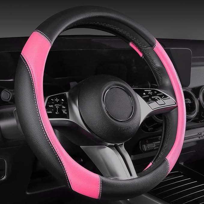 Faux Leather Steering Wheel Cover and Waterproof Car Floor Mats,Universal Car Combo Fit for 95% Sedan,SUV,Cars,14.5-15inch Sporty Anti-Slip Safety Comfortable Design(Black＆Pink)