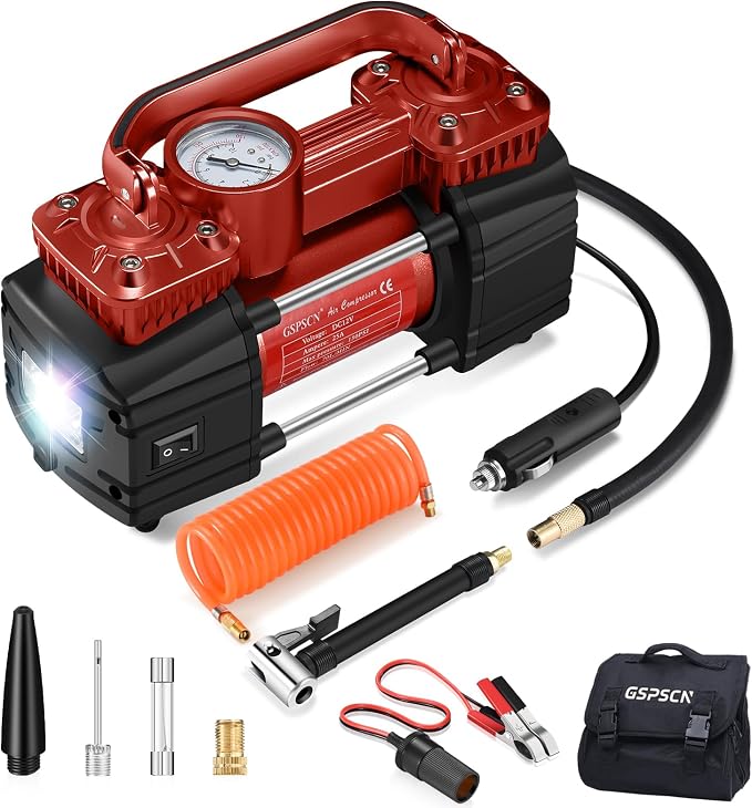 Heavy Duty Tire Inflator 12V Portable Air Compressor Pump 150PSI | 6X Faster Inflation Dual Cylinder Metal Air Pump with Led Light for Car, RV,Pickup Truck, SUV, Van,Camper, Air Bed,Balls