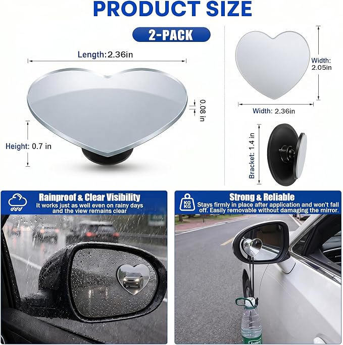 Blind Spot Mirrors 2 Pack, HD Glass Frameless Convex Side Mirror, Wide Angle Adjustable Stick On Blindspot Mirror for Car SUV Trucks, Universal Rear View Mirror Accessories, Heart