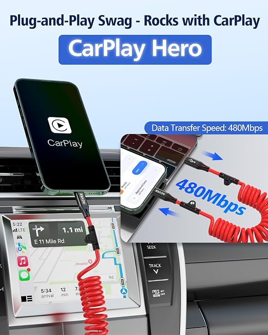 1.5ft Coiled USB-C to Lightning Cable [MFI Certified] Carplay | 30W PD Fast Charger Data Transfer Cord in Car for iPhone 14/13/12/11/XS/8/7/6/5, iPad, iPod