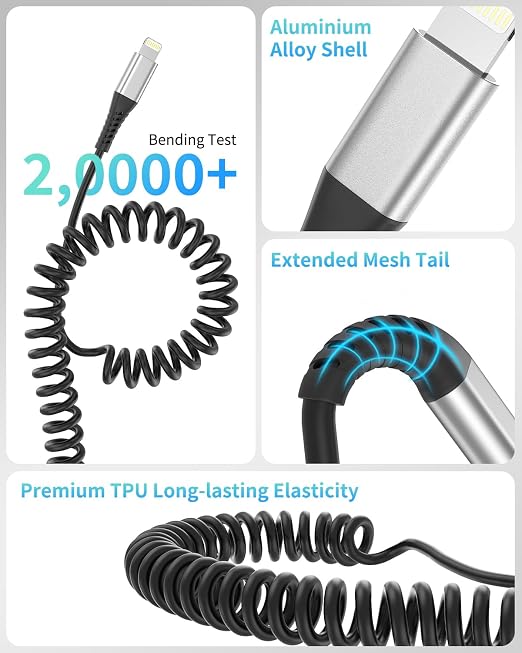 Coiled USB C to Lightning Cable for Car 2 Pack, 3FT Apple Carplay Cable, Short Retractable iPhone Charger Fast Charging Cord for iPhone 14 13 12 11 Pro Max Xs X Xr 8/Airpods