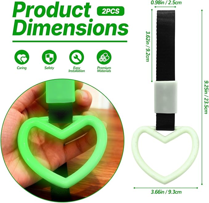 2 Pcs Heart Shaped Car Handle Strap – Drift Charm Rear Bumper Warning Ring Decor for Car Interior Exterior, Subway Bus Handle Accessory, Cute Heart Car Decor Gift for Women & Men (Luminous Green)