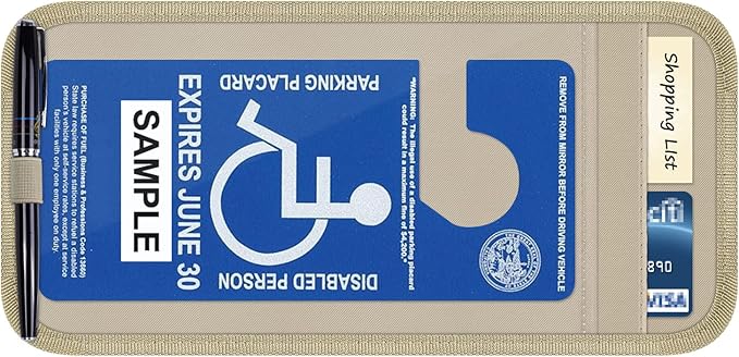 Handicap Placard Holder for Auto, Disabled Parking Permit Sign Protector for Car Sun Visor with Note Paper Slot, Pen Holder and Elastic Strap - Khaki
