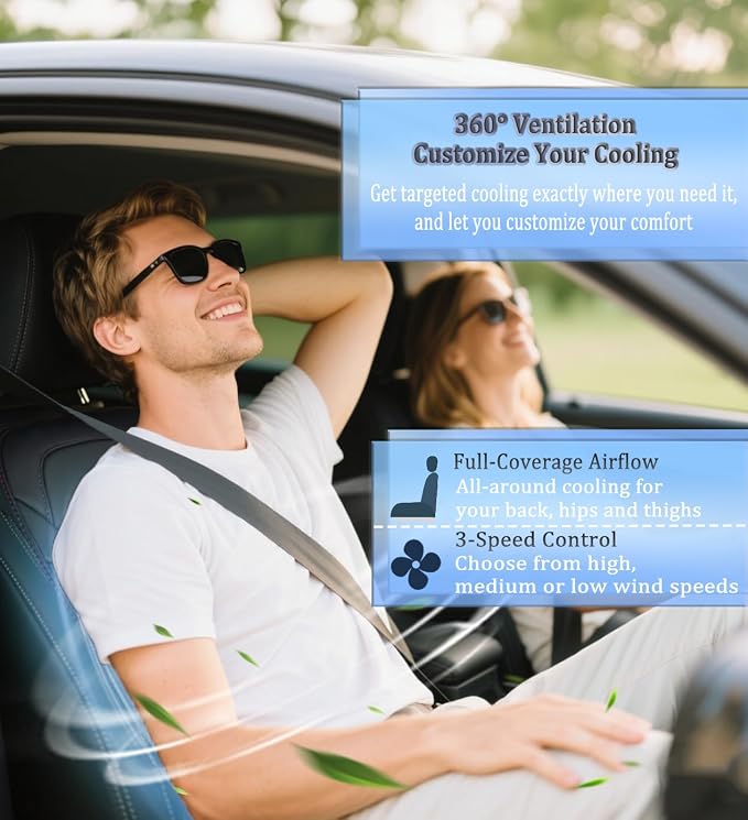 3-in-1 Cooling Car Seat Cushion with Ventilated Fans & Massage, Breathable Front Seat Cooling Seat Cover, 12V Universal Car Seat Cover for Cars, SUVs, Trucks (Black-3)