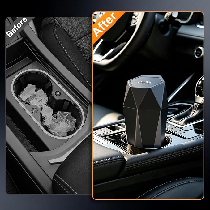 Car Trash Can with Lid, Diamond Design Small Automatic Portable Trash Can with 1 Trash Bag, Easy to Clean, Used in Car Home Office (Black)