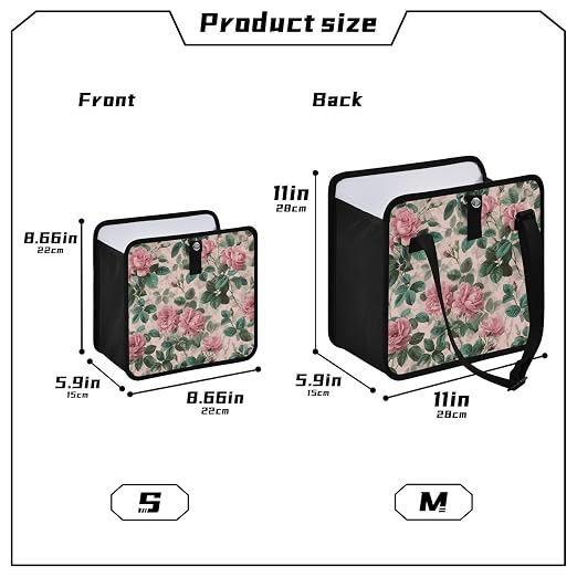 Car Trash Can Organizer Bin with Adjustable Strap for Back Front Seat Console Waterproof Leakproof Collapsible Portable 8.66 Inch Pink Vintage Roses with Leaves