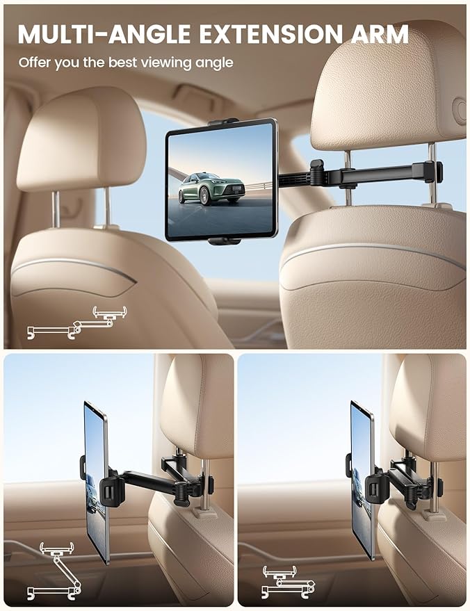 Car Headrest Tablet Holder - [Foldable Clip] [Lockable] Tablet Mount for Car Backseat, Car Accessories for Kids, for iPad Pro, Air, Mini, Galaxy Tab, Fire HD, 5.4-13" Tablets