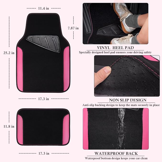 Faux Leather Steering Wheel Cover and Waterproof Car Floor Mats,Universal Car Combo Fit for 95% Sedan,SUV,Cars,14.5-15inch Sporty Anti-Slip Safety Comfortable Design(Black＆Pink)
