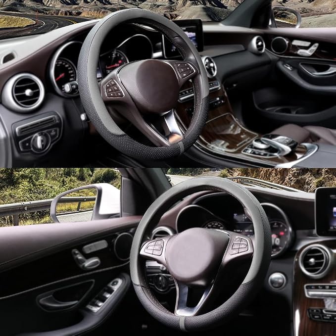 Breathable Steering Wheel Cover Microfiber Leather with Center Mark Design Universal Medium Size 14 1/2-15 Inch Gray and Black