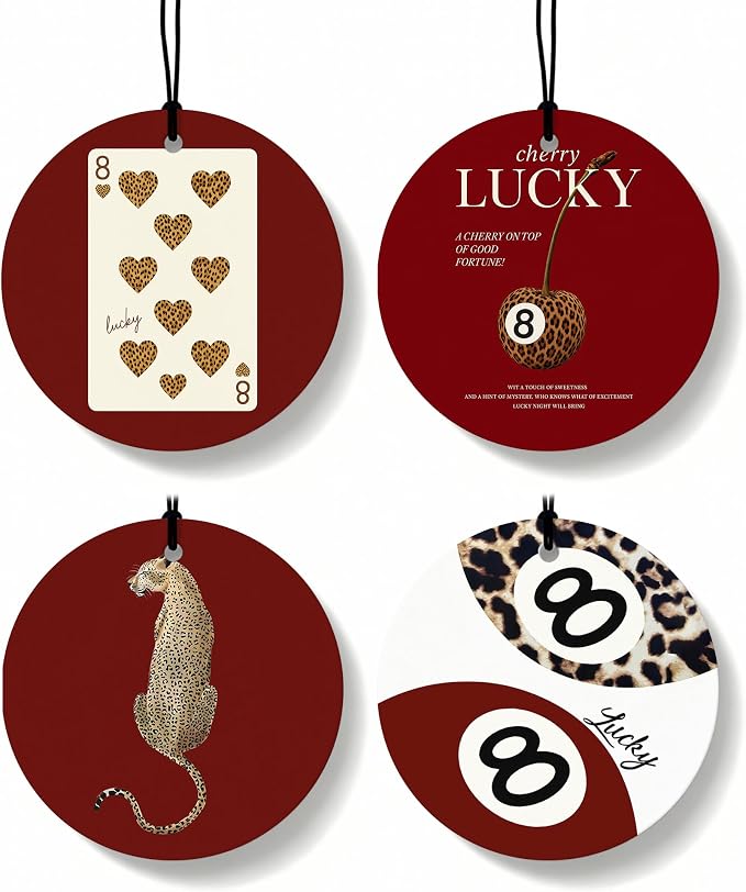 Red Leopard Print Orange Car Air Freshener 4 Pcs, Cheetah Print Lucky 8 Ball Poker Round Hanging Air Freshener for Cars Closet Drawer Books, Red Cheetah Car Accessories Mirror Decor for Women