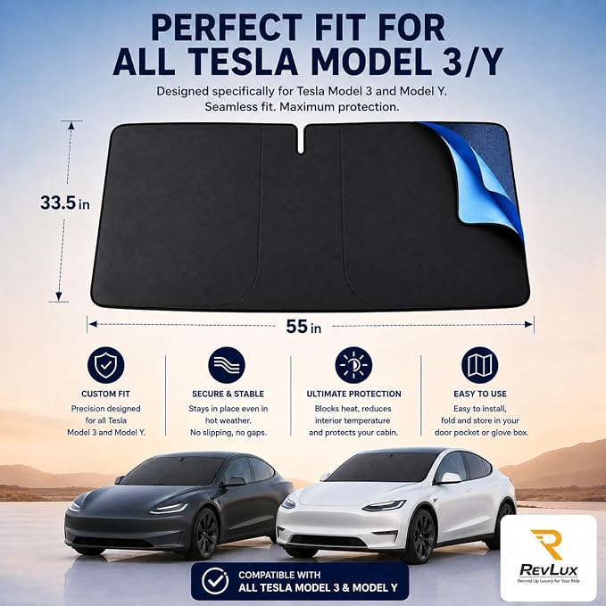 [2026 Upgrade] RevLux Car Windshield Sun Shade | Keeps Car Cooler, Sun & Heat Protection | Double Thickened Ice-Core Cooling Fabric | Foldable Sunshade for Tesla Model 3/Y (55"x35")