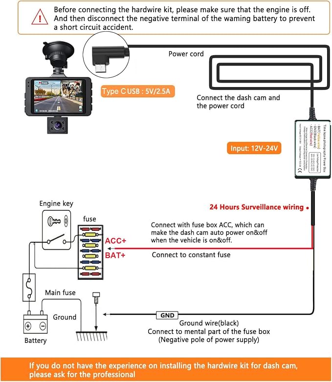 Micro USB Dash Cam Hardwire Kit with Low Voltage Protection, 12V-24V to 5V, 13ft/320cm Car Dash Camera Charger Power Cord for Dashcam Supply Radar Detectors
