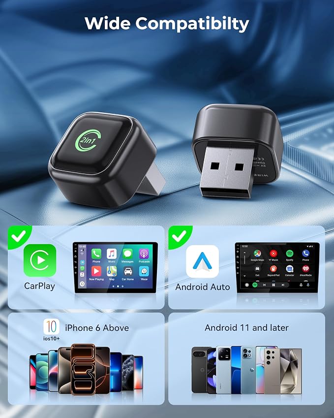 2-in-1 Wireless CarPlay & Android Auto Adapter – Instant Auto-Connect, Low Latency, USB-C & USB-A Compatible for Factory Wired CarPlay Vehicles
