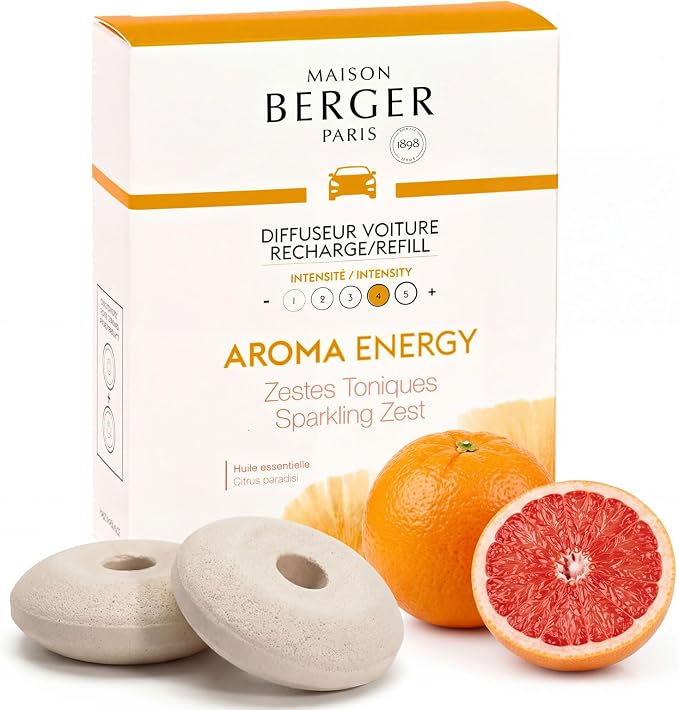 Car Diffuser Refill Set, Aroma Energy | Grapefruit Orange Zest Notes, 2 Ceramic Inserts, Fits Vent Clips, 4-Week Diffusion, Made in France