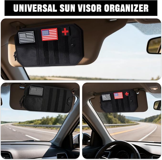 Car Visor Organizer with 3pcs Patches, Multi-Pocket Sun Visor Organizer | Zipper Storage Pouch & Adjustable Straps, Semi-Rigid Panel Storage Accessories for Truck, Suv, Most Cars (Black)