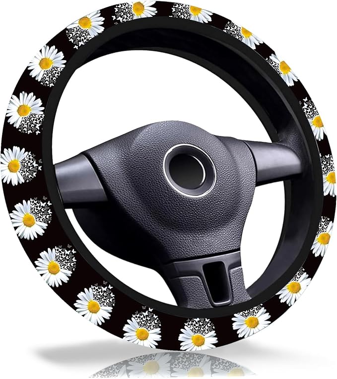 Daisy Butterfly Steering Wheel Cover 15" Universal Neoprene Steering Cover | Daisy Car Accessories Decor Non-Slip Fit Auto SUV Truck, Daisies Butterfly Gifts for Women Men Birthdays Festivals