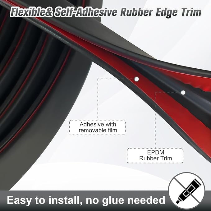 Rubber Edge Trim, 3/16" (5mm) Rubber Edge Guard, Flexible Self Adhesive U Channel Edge Protector for Glass, Mirror, Plywood, Steel Panel Sharp Edges, Peel and Stick Plastic Trim, Black Color, 10Ft