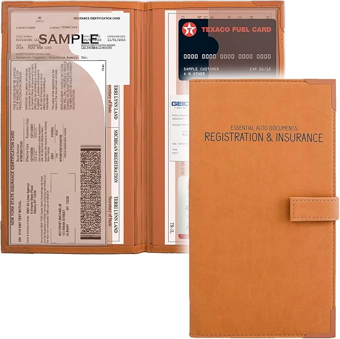 Registration and Insurance Card Holder - Car Organizer - Orange | Vehicle Glove Box Document Organizer, Auto Essential Paperwork Holder for Contact Information Cards, Interior Car Accessories