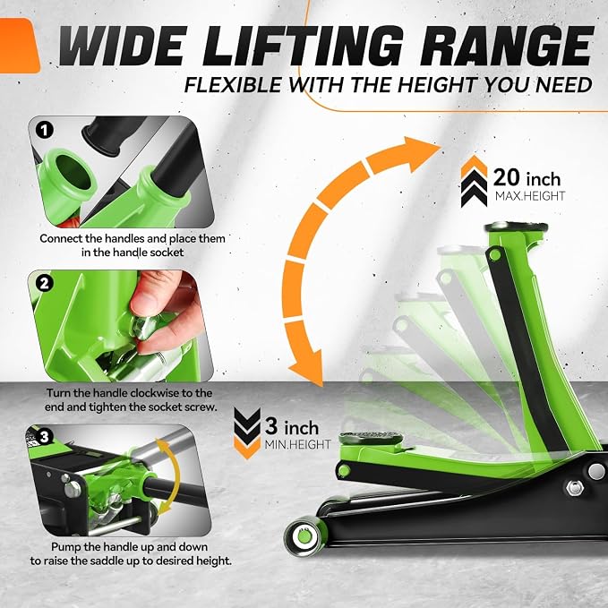 3 Ton Low Profile Floor Jack, Heavy Duty Steel Hydraulic Car Jack with Dual Pistons Quick Lift Pump, Hydraulic Racing Floor Jack, Lifting Range 3" to 20", Green