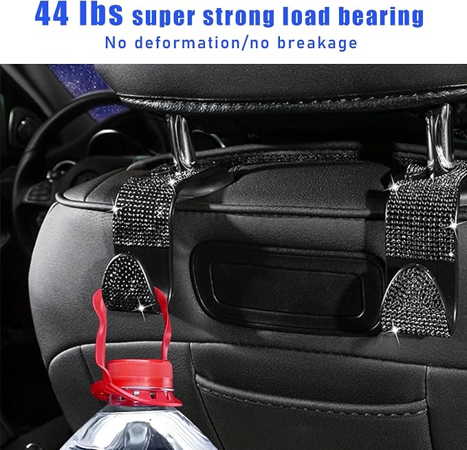 4 PCS Bling Car Seat Headrest Hooks, Crystal Rhinestone Back Seat Hanging Storage Organizer, Vehicle Seat Hanger Holder for Purse Handbag Coat, Interior Car Accessories (Black)
