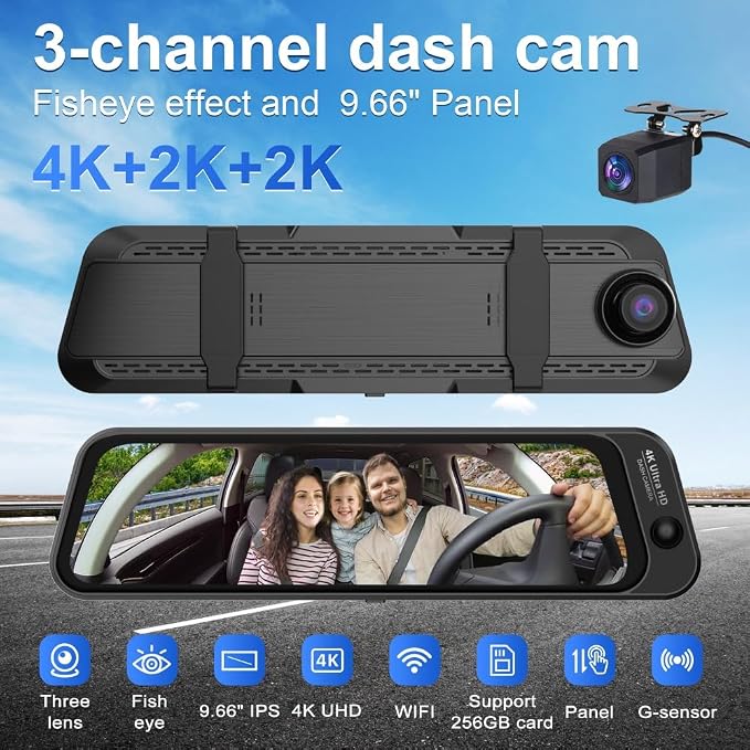 Three Recording Camera: 4K+2K+2K HD Car Dash Cam with Voice Control, Wi-Fi Rearview Camera, WDR Night Vision, G-Type Sensor, 24H Parking Monitoring & ABS