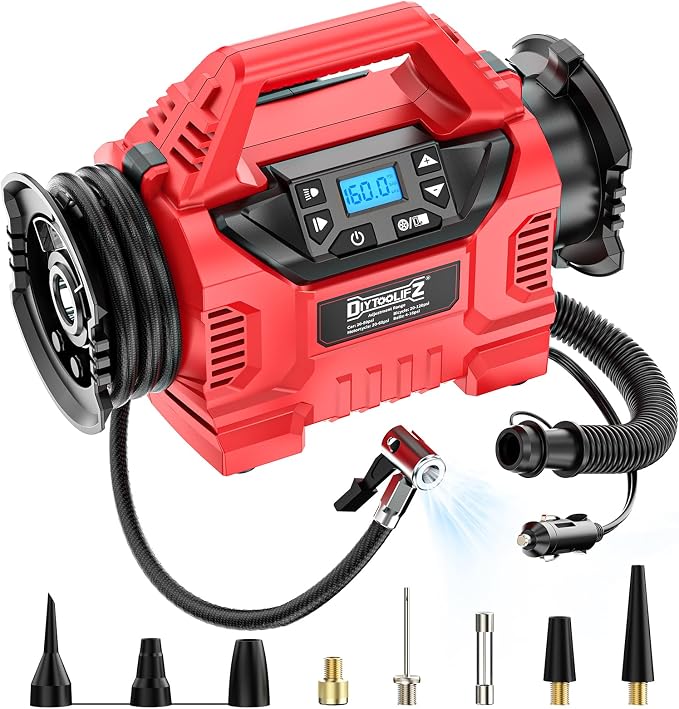3X Faster Tire Inflator/Deflator Compatible with Milwaukee 18V Battery, 160 PSI Cordless Air Compressor Pump with 12V Car Adapter, LCD Digital Gauge for Car, Air Mattresses (Tool Only)