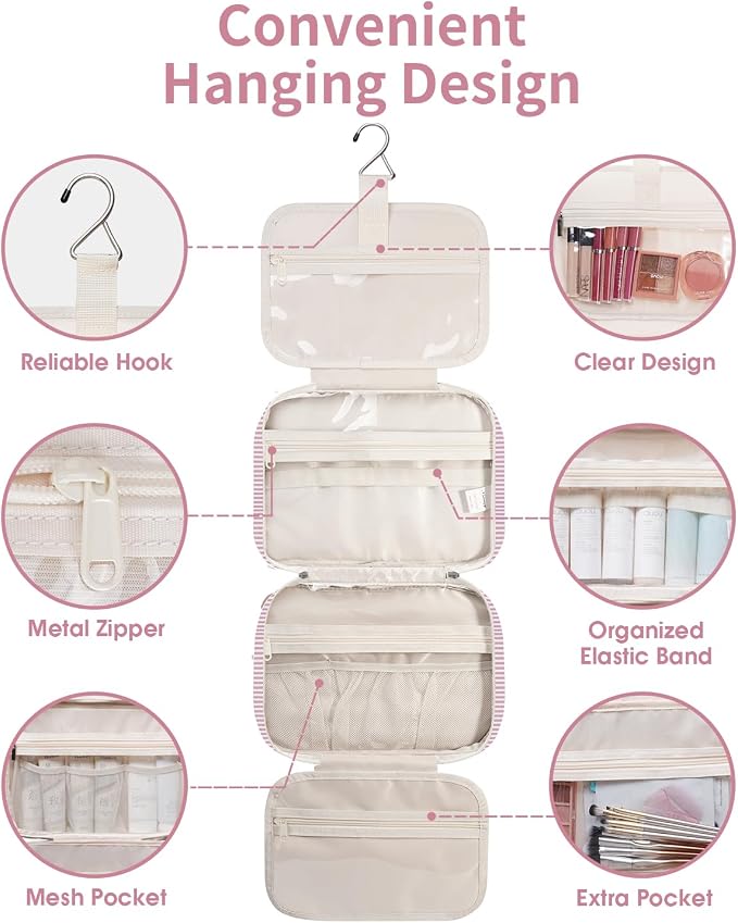 Striped Travel Toiletry Bag for Women Large Hanging Makeup Bag Organizer Toiletries Bag for Full Size Essentials Accessories Cosmetics (Dusty Pink Stripe (Large))