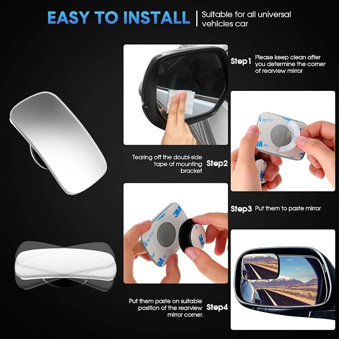 4 Pcs Blind Spot Car Mirror 360 Convex Degree Adjustabe Glass Traffic Safety Rear View Mirror Spot Frameless Adjustable Self Adhesive Angle for Larger Image Exterior Accessories (Rectangle)
