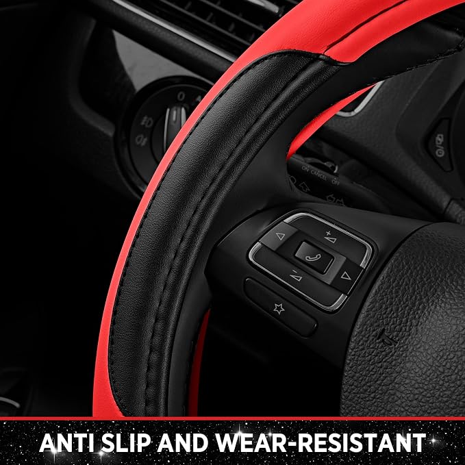 Leather Steering Wheel Cover - Made with PVC Leather - Anti-Slip, Universal Fit 14 1/2 inches to 15 inches - Red