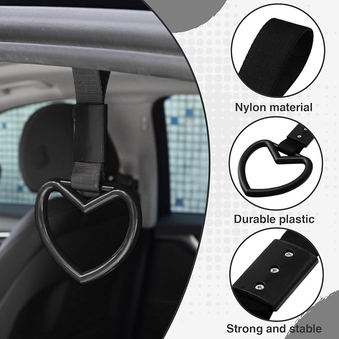2PCS Heart Shaped Car Handle Straps, Rear Bumper Warning Keychain Ring for Car Exterior Accessories (Black)