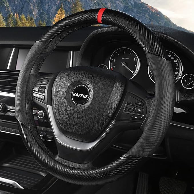 Carbon Fiber Steering Wheel Cover for Men, Universal 15 inch Leather Car Steering Wheel Cover, Anti-Slip & Breathable, Microfiber Leather Automotive Accessories, Sporty Design, Black
