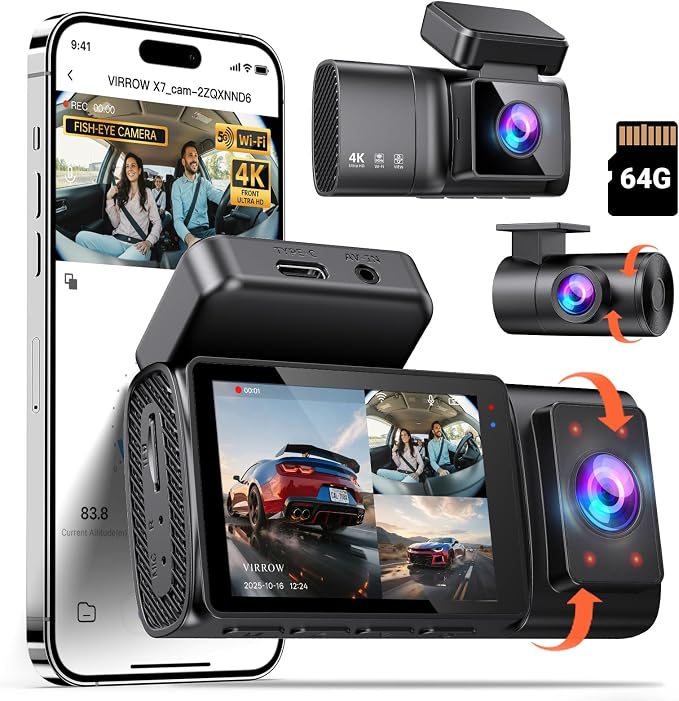 3 Channel Dash Cam: 4K+1080P+1080P-Dash Cam Front and Rear Inside with Free 64GB Card & 5GHz WiFi - Dash Camera for Cars with IR Night Vision APP Control Parking Mode G-Sensor Loop Recording(X7)