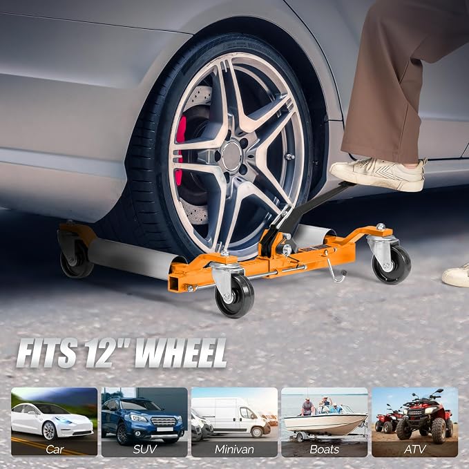 Car Wheel Dolly Set of 4, Mechanical 6000-lbs Car Dollies, 12'' Wheel Vehicle Positioning Jack, No Assembly, Heavy Duty Rollers w/Ratcheting Foot Pedal, for Tire Auto Repair,Orange