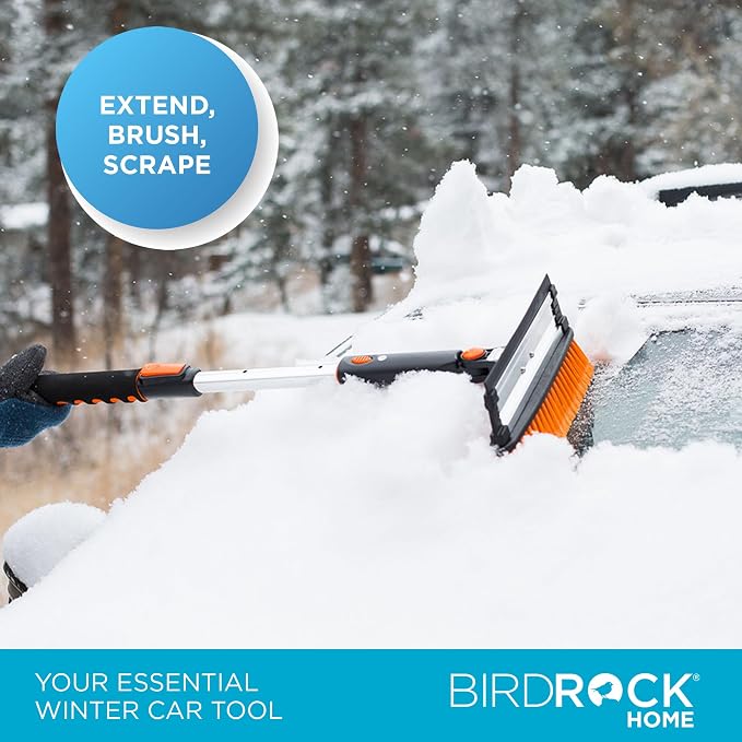 39" Extendable Snow Brush with Detachable Ice Scraper for Car - Portable Snow Removal Tool for Windshield & Vehicles - Flexible Handle, Ergonomic Grip, 11" Wide Squeegee & Bristle Head