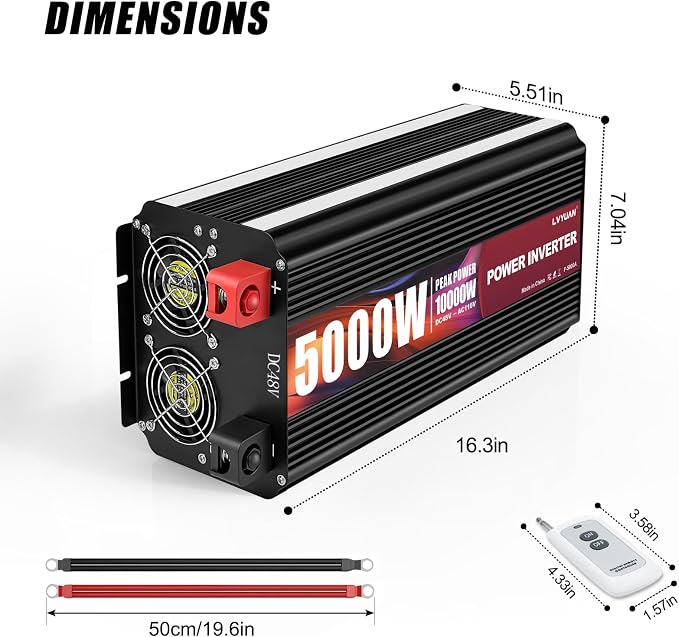 5000 Watt Power Inverter 48V to 110V 120V for Vehicle, Solar Inverter System, Heavy Duty, RV, Truck, Off Grid,Camping with 4 AC Outlets, LCD Display, Wireless Remote Control, Car Power Inverter