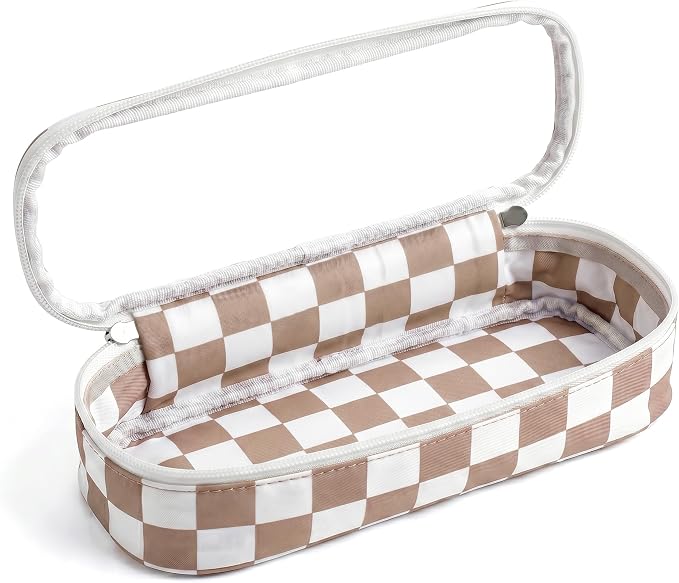 Preppy Checkered Clear Travel Makeup Brush Holder,Khaki and Beige Checkered Makeup Brush Toiletry Bag, Portable Cosmetic Brush Case,Transparent Waterproof Makeup Brush Storage Bag