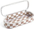 Preppy Checkered Clear Travel Makeup Brush Holder,Khaki and Beige Checkered Makeup Brush Toiletry Bag, Portable Cosmetic Brush Case,Transparent Waterproof Makeup Brush Storage Bag