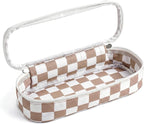 Preppy Checkered Clear Travel Makeup Brush Holder,Khaki and Beige Checkered Makeup Brush Toiletry Bag, Portable Cosmetic Brush Case,Transparent Waterproof Makeup Brush Storage Bag
