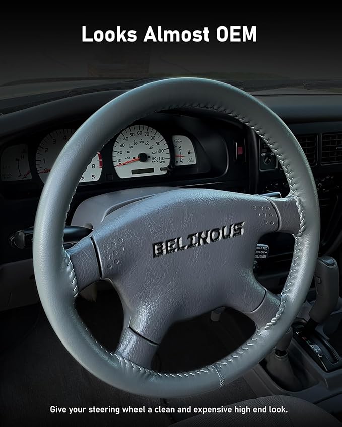Leather Steering Wheel Cover Lace Up, Stitch on Steering Wheel Wrap, Universal Fit 13-20 Inch Car Truck Pickup Boat, A Whole Piece of Cowhide, DIY w/Needle Thread (Size S4, Gray)