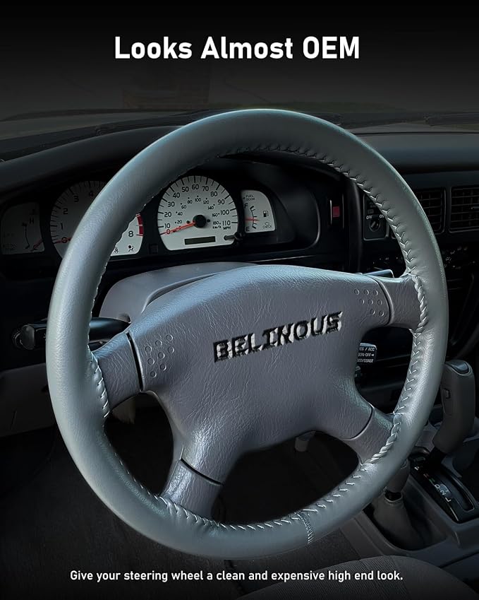 Leather Steering Wheel Cover Lace Up, Stitch on Steering Wheel Wrap, Universal Fit 13-20 Inch Car Truck Pickup Boat, A Whole Piece of Cowhide, DIY w/Needle Thread (Size M0, Gray)