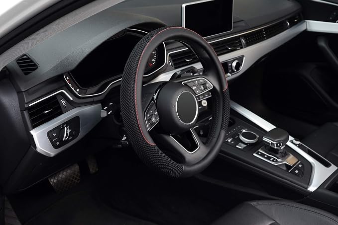 15 inch Steering Wheel Cover, Cooling Ice Silk Mesh with Microfiber Leather, Ultra Breathable, Anti Slip Car Grip, Heat Resistant Summer Cool, Universal Fit, Black