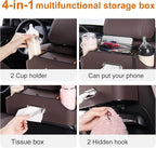 Car Rear Backseat Extra Multifunctional Drink Cup Holder Organizers with Tissue Storage Box Organizer & Hooks for Car Seat Back (Brown)