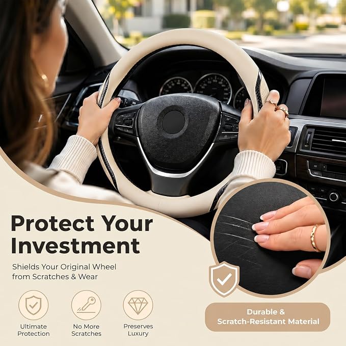 Beige Steering Wheel Cover with Coasters Leather Universal 15 inch | Carbon Fiber Car Steering Wheel Covers Microfiber Breathable Anti-Slip Durable Steering Wheel Accessories Set