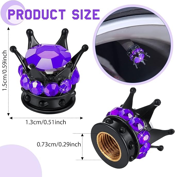 4 Pieces Crown Tire Valve Stem Caps Bling Handmade Crystal Rhinestone Universal Chrome Crown Vehicle Car Tire Caps Covers, Attractive Accessories for Car (Purple and Black)