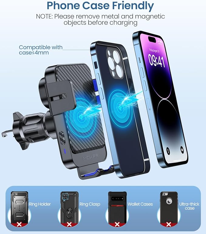 Wireless Car Charger, 15W Fast Charging Auto-Clamping Car Mount Hands-Free Car Charger Mount for Dash Windshield Air Vent Compatible with iPhone 16 15/14/13/12, Samsung S23/S22/S21,Blue