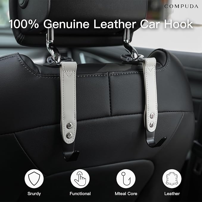 Car Headrest Hook 2 Pack Car Hook Holder Leather Headrest Hooks for Purses and Bags,SUS304 Car Hook (Grey)