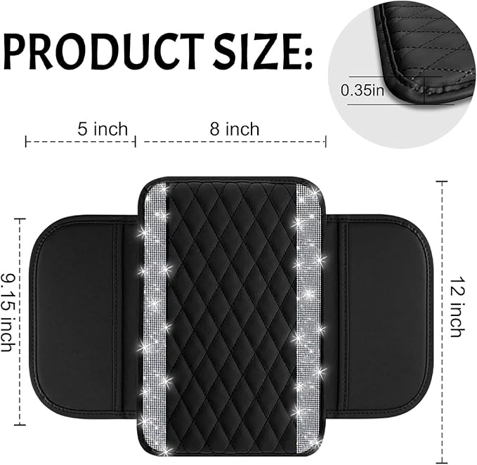 Bling Car Center Console Cover, Leather Car Arm Rest Cover Cushion with 2 Storage Bags, Universal Auto Armrest Protector Storage Box, Bling Accessories Interior for Most Vehicles (Silver)